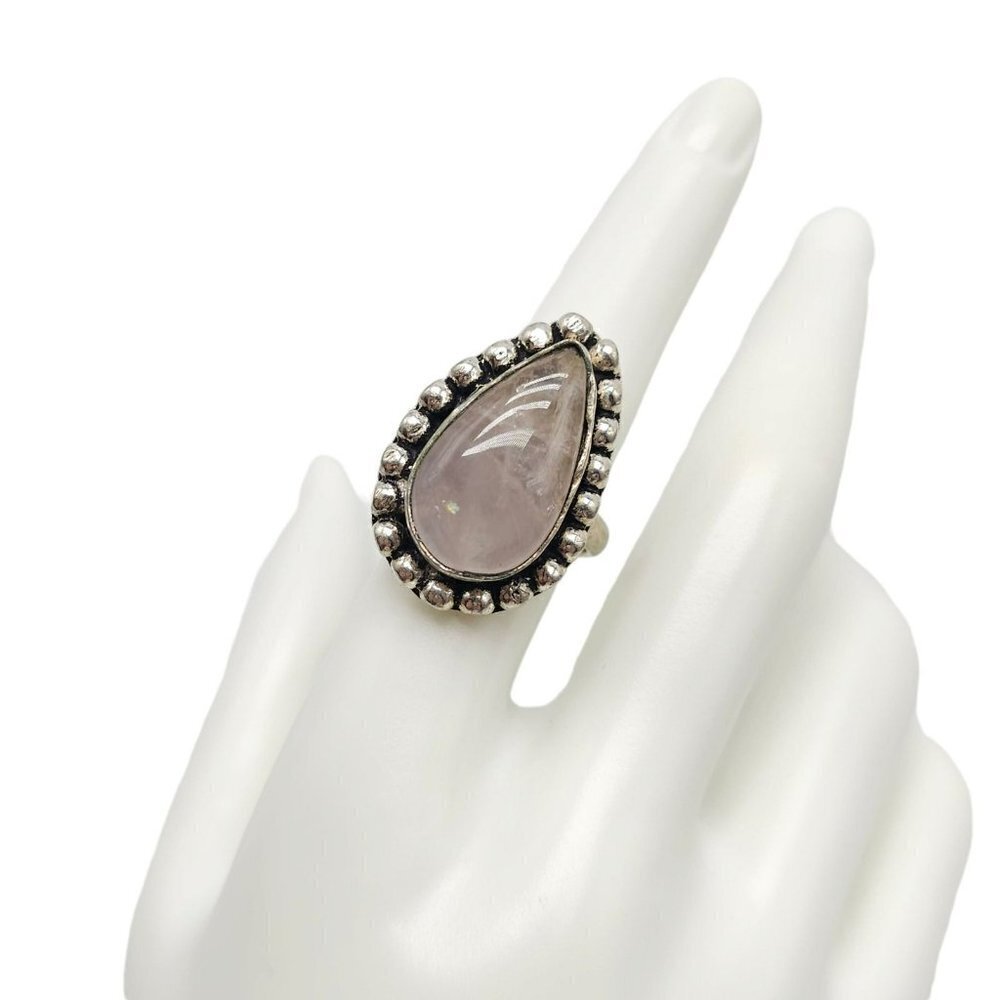 Pink Rose Quartz Teardrop Ring Size 7.5 Silver Plated Vintage